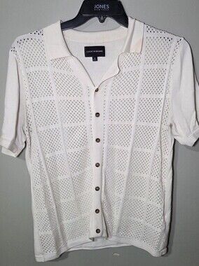 Lucky Brand Men's Medium Ivory Open Knit Button Front Polo Sweater